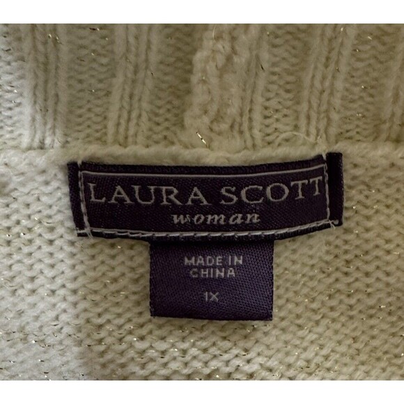 EUC Cream Open Front Laura Scott Sweater Cardigan W Metallic Gold Thread 1X - Picture 2 of 4